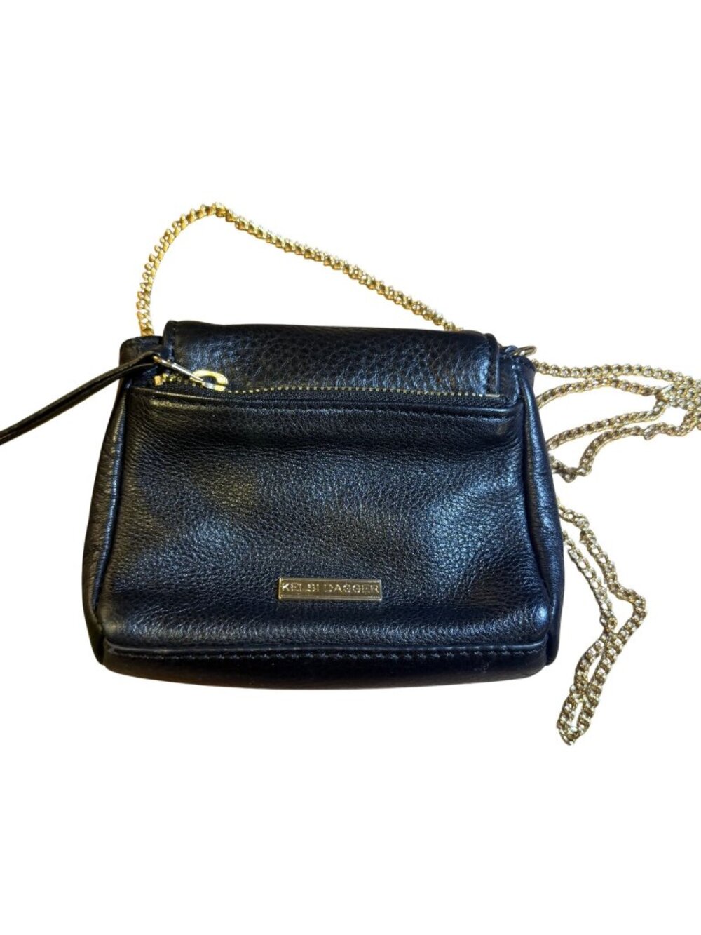 Kelsi Dagger Black Leather Mini Crossbody Bag Gold Chain Strap Metal Detailing